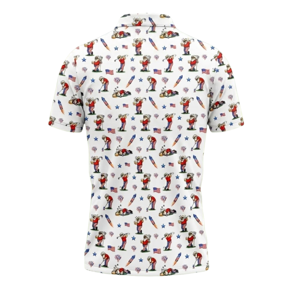 American Flag Funny Old Man Pattern White Golf Polo Shirt For Men, Funny 4th Of July Golf Shirts GZ0315