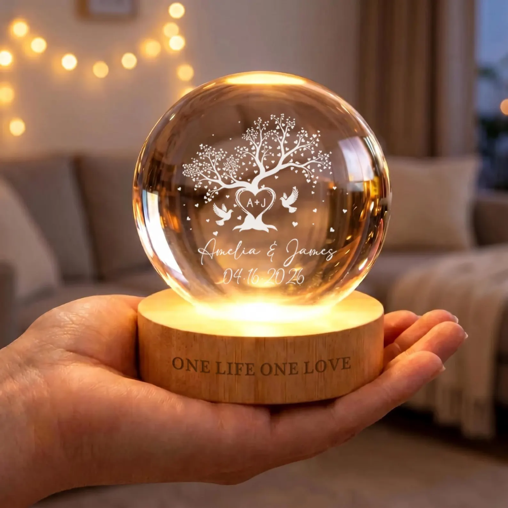 One Life One Love Custom Tree Heart Crystal Ball Led Night Light With Couple Name, Custom Wedding Led Night Light WD0820