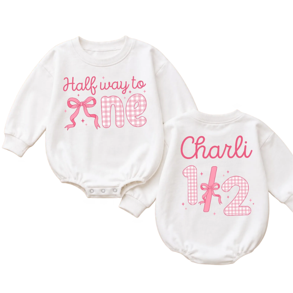 Custom Half Way To One Pink Bow Baby Romper Sweatshirt, Custom 1/2 Birthday Romper Sweatshirt Baby BB0854