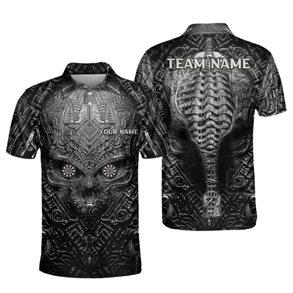 Custom Skull Black Grey Dart Polo Shirt Men, Custom Skull Darts Team Shirts DZ0078