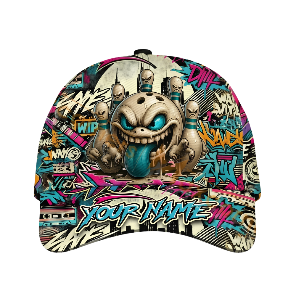 Custom Bowling Funny Pins And Ball Graffiti Baseball Cap, Custom Bowling Cap Hat CP0696