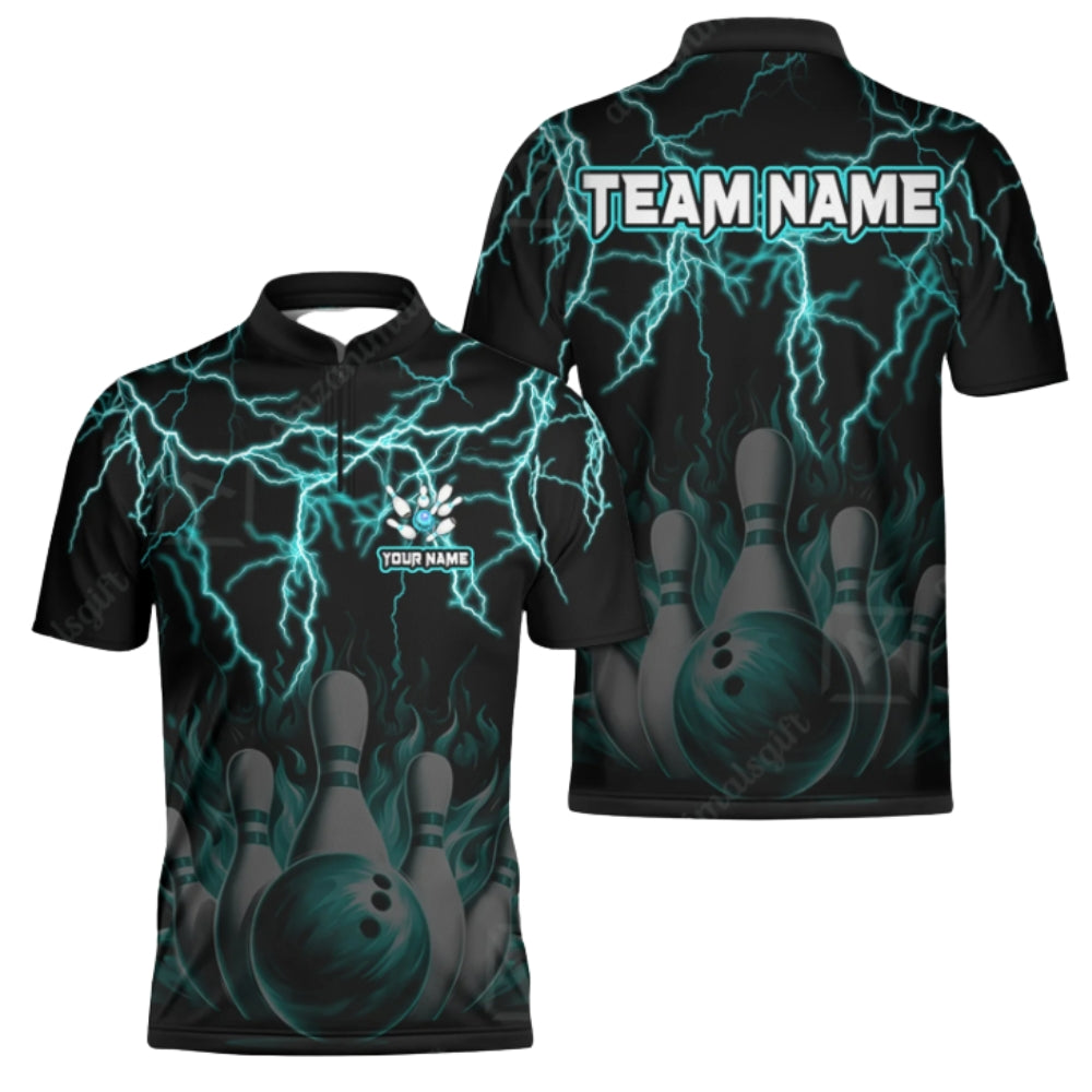Custom Cyan Thunder Lighting Bowling Men Jersey, Custom Thunder Bowling Team Shirts BZ0390