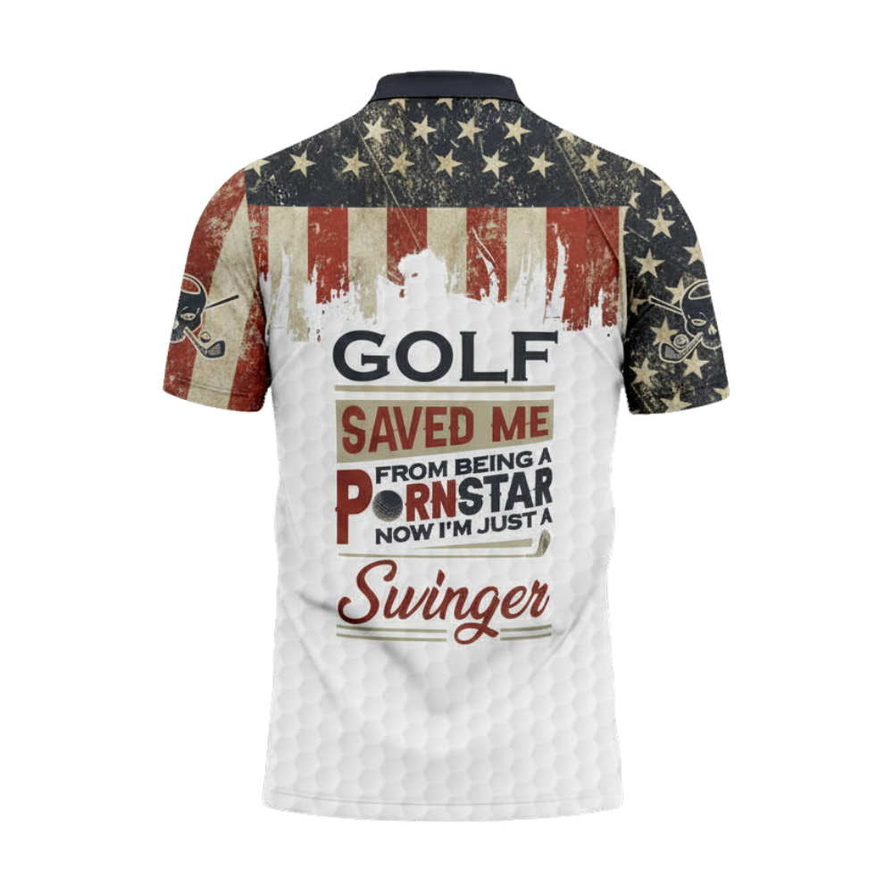 Golf Saved Me From Being A Pornstar Now I'm Just A Swinger Custom Skull USA Flag Vintage Golf Polo Shirt Men, Custom Funny Patriot Golf Shirt GZ0289