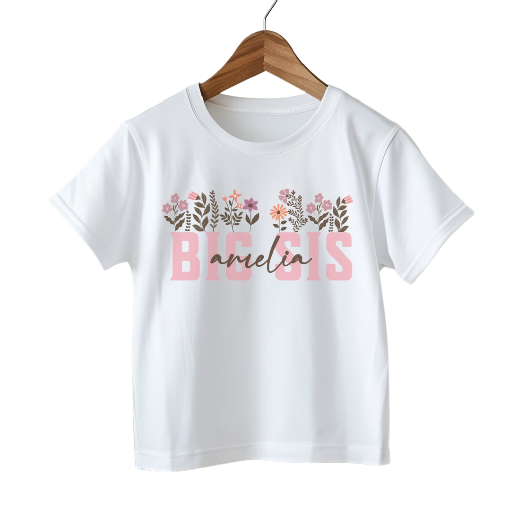 Big Sis Lil Sis Custom Name Flower Matching T Shirt, Custom Floral Sibling Matching Family Shirts ET1156