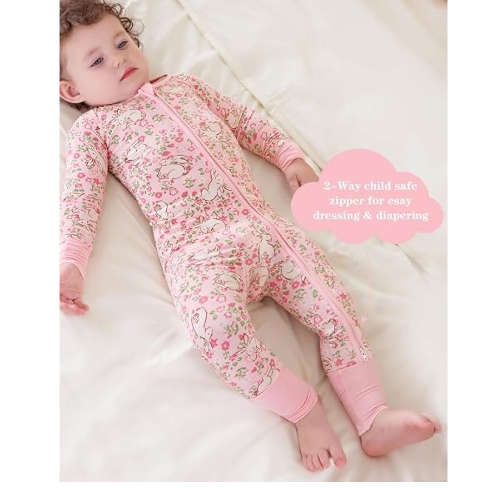 Bunny Floral Baby Convertible Zipper Romper, Rabbit Bunny Baby Convertible Romper BB0380