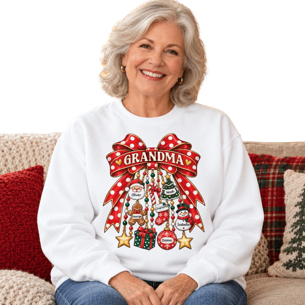 Custom Grandma Christmas Bow Sweatshirt With Grandkids Names, Personalized Christmas Grandmother Sweatshirt 2D1263