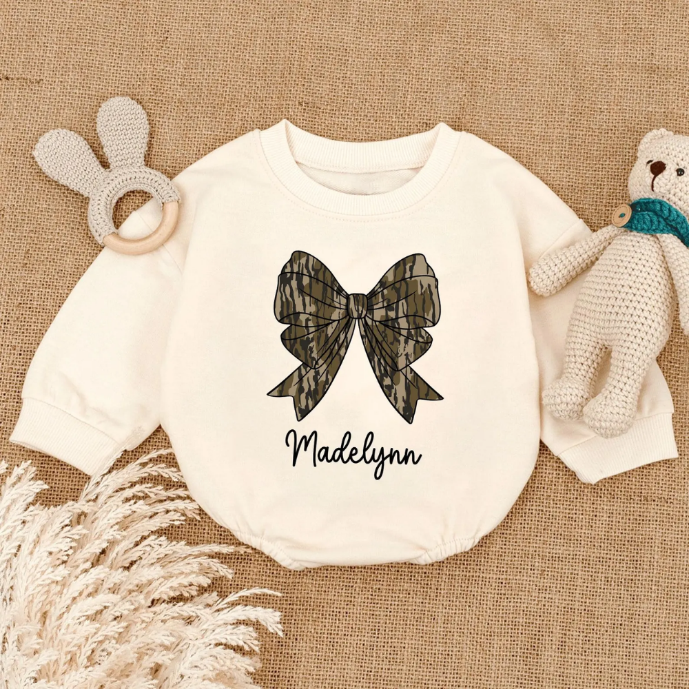 Personalised Camo Coquette Bow Baby Romper Sweatshirt, Custom Name Camo Coquette Romper Sweatshirt BB0132