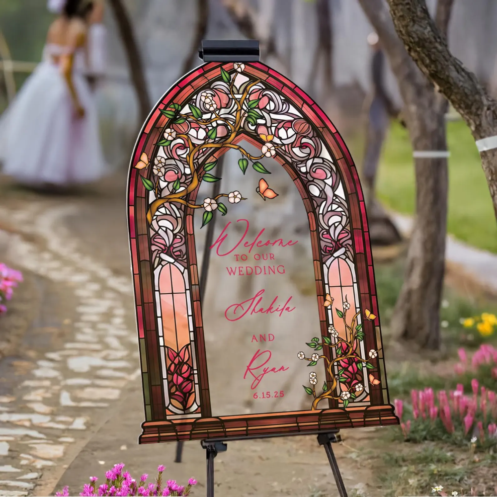 Personalized Red Wedding Stained Glass Welcome Acrylic Sign, Custom Stained Glass Wedding Sign WD0668