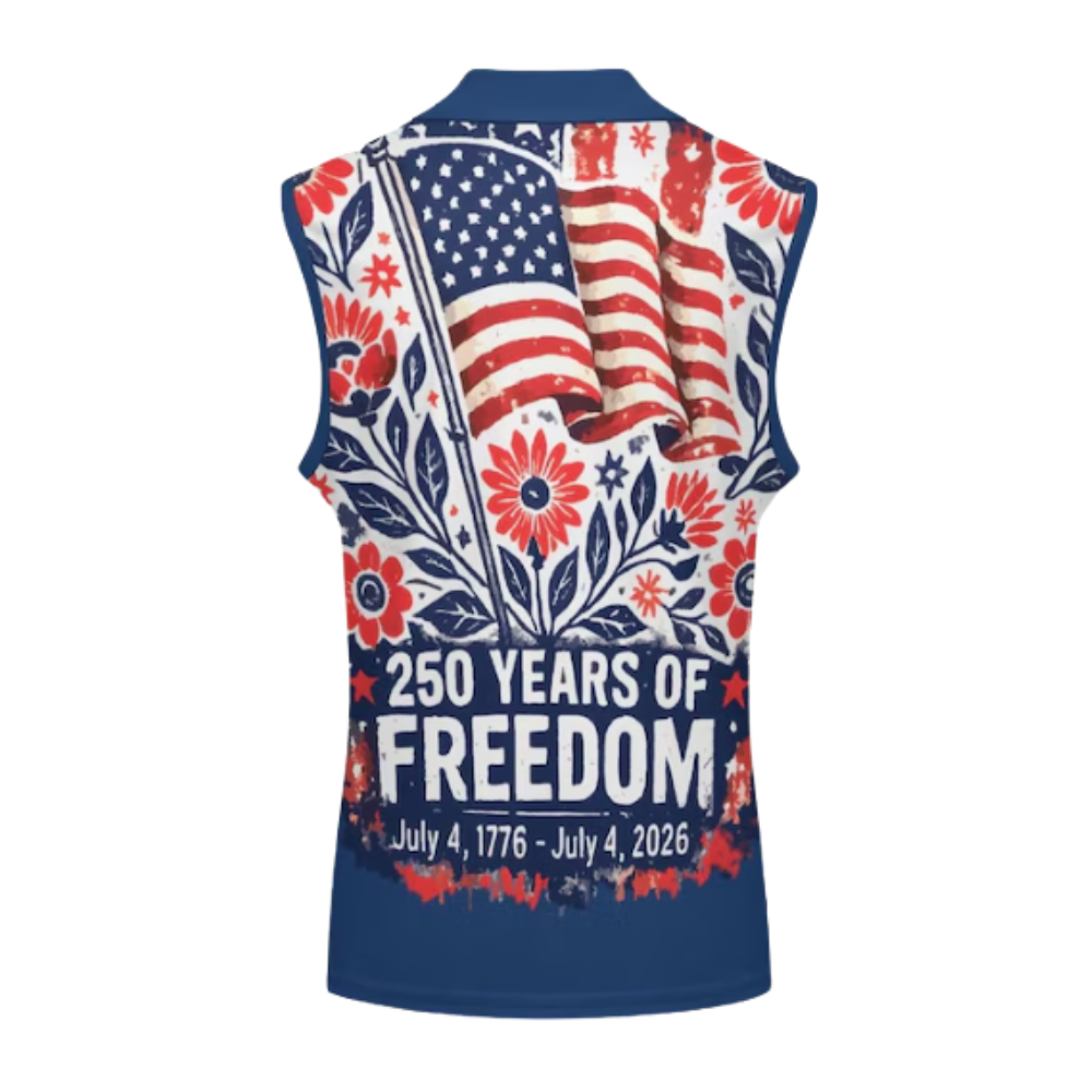 Floral 250 Years Of Freedom USA Flag Sleeveless Golf Shirt Women, Tropical 4th Of July Golf Shirt Ladies GE0495