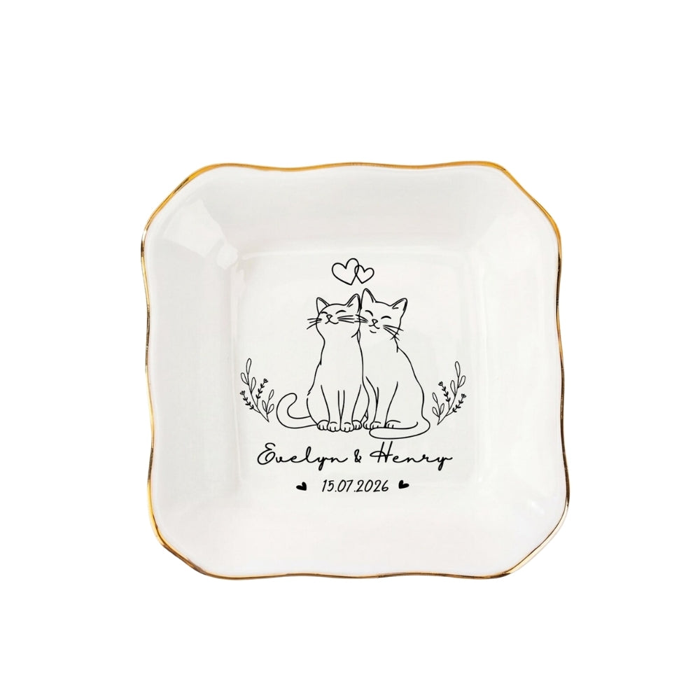 Personalized Cat Couple Name Jewelry Dish, Custom Engagement Ring Dish For Cat Lover WD0280