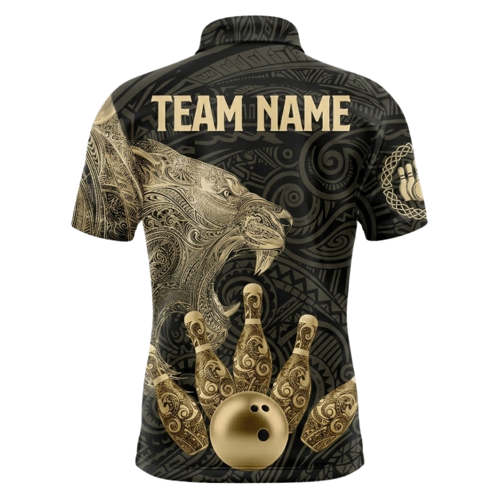 Tribal Lion Black And Gold Custom Mens Bowling Polo Shirt, Custom Lion Tribal Bowling Team Shirts BZ0491