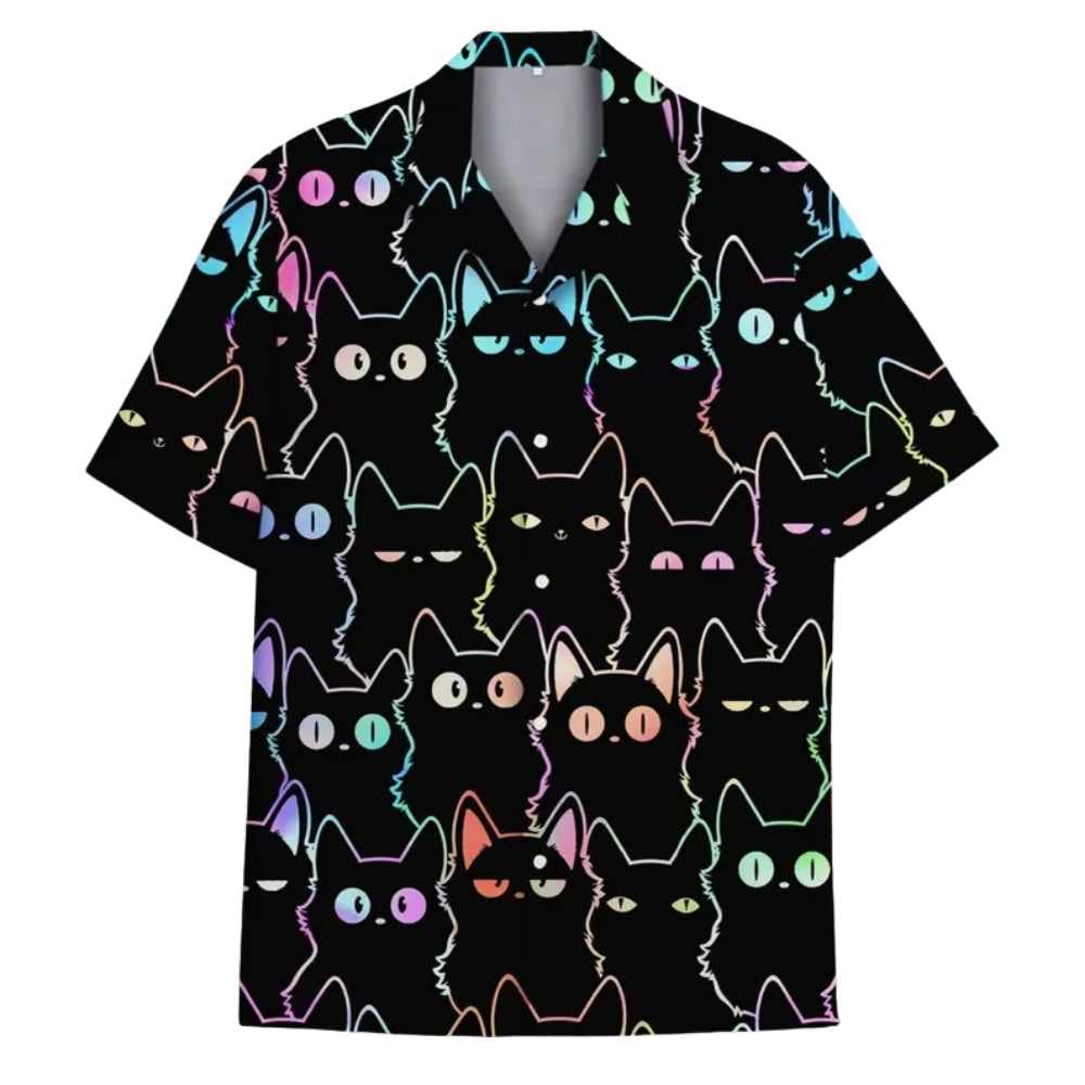 Black Neon Cat Hawaiian Shirt Men And Women, Cat Hawaiian Shirts HE0019