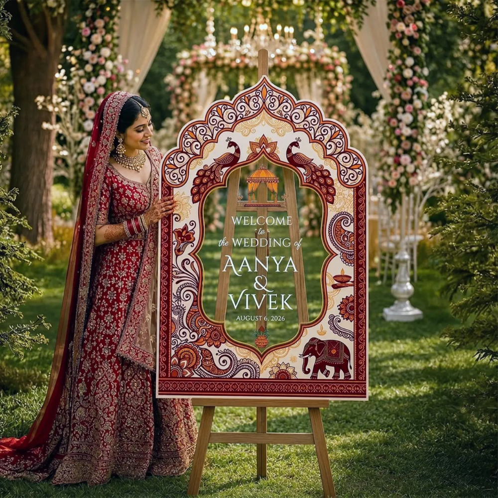 Personalised Gold Indian Wedding Welcome Acrylic Sign, Custom Indian Wedding Welcome Sign WD0669