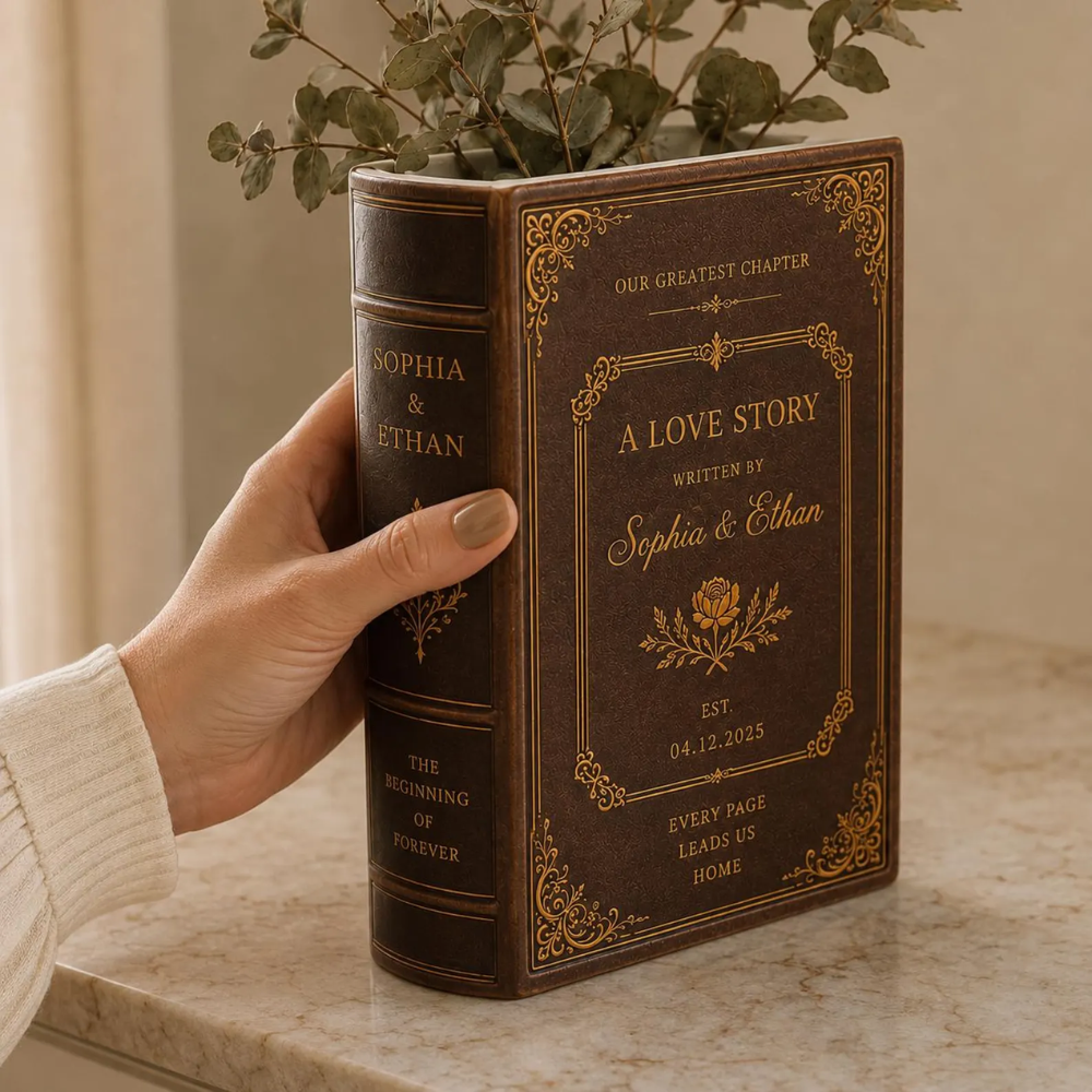Custom Vintage A Love Story Wedding Brown Ceramic Book Vase, Custom Vintage Book Vase For Wedding Engagement WD0560