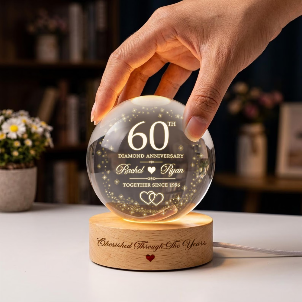 Custom 60th Wedding Anniversary Crystal Ball Led Night Light, Custom Diamond Anniversary Night Light WD0870