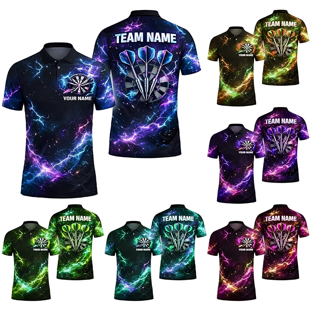Custom Thunder Blue Purple Lightning Dart Men Polo Shirt, Custom Thunder Darts Team Shirts DZ0084
