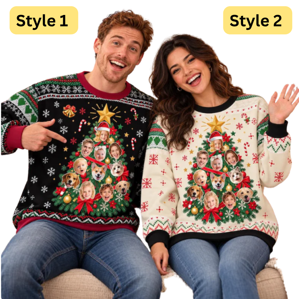 Personalized Faces Family Christmas Tree Sweatshirt For Men Women, Custom Photo Xmas Sweatshirt 2D1284