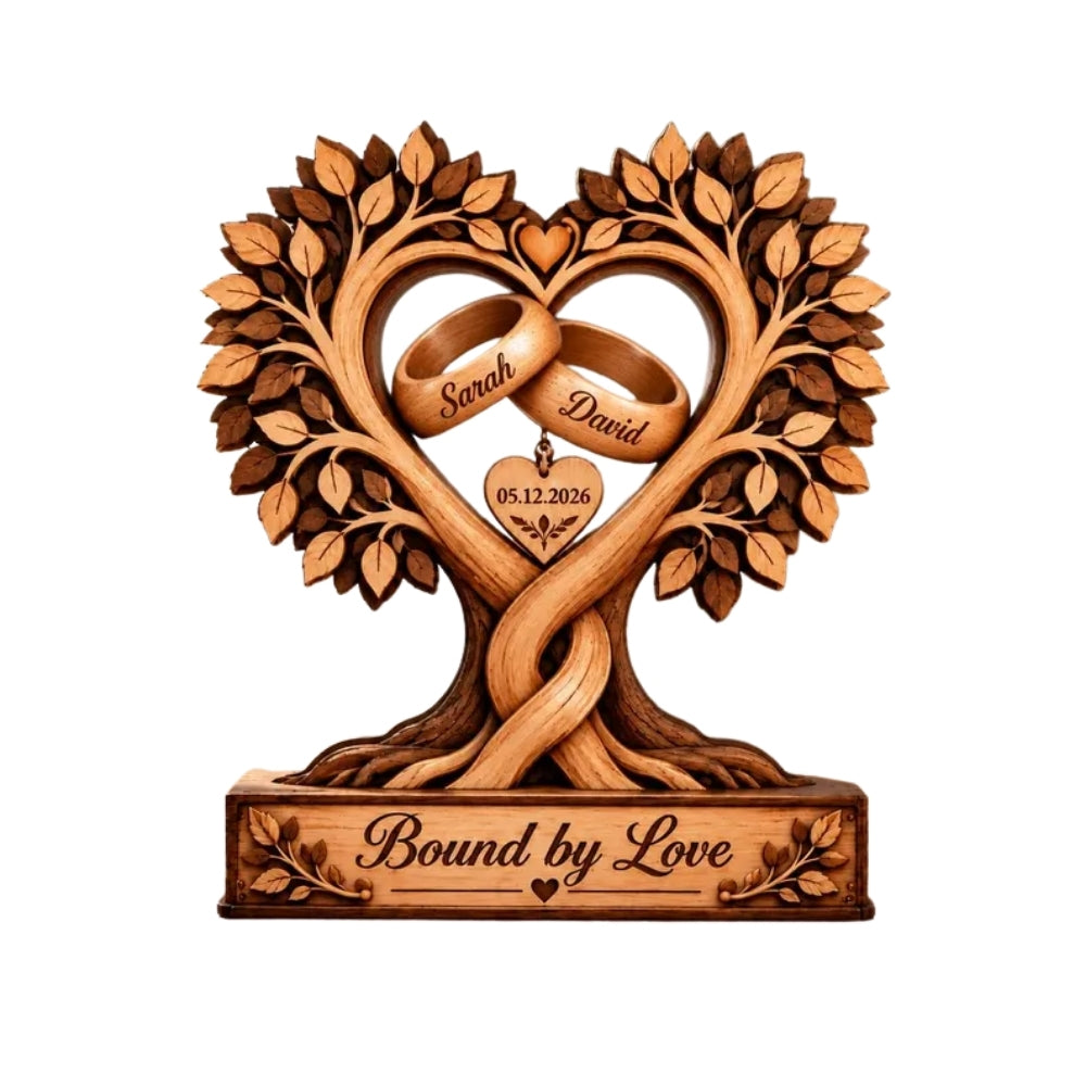 Custom Rings Couple Tree Heart Layer Wooden Plaque, Custom Wedding Keepsake Wooden Block WD0945