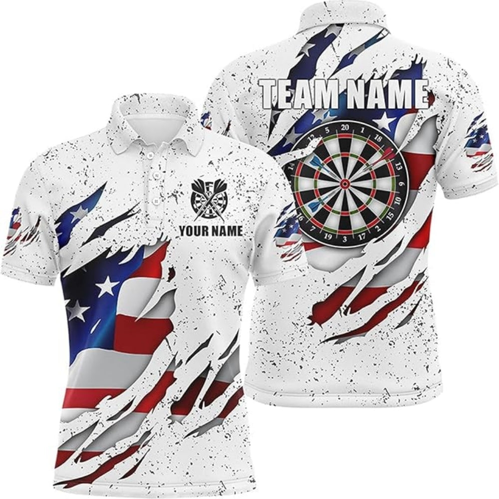 Custom White USA Flag Grunge Dart Men Polo Shirt, Custom Patriotic Darts Team Shirts DZ0003
