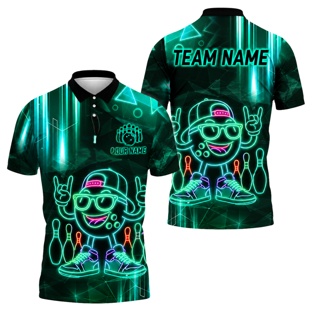 Neon Funny Bowling Ball Custom Men's Bowling Polo Shirts, Custom Neon Bowling Team Shirts BZ0460