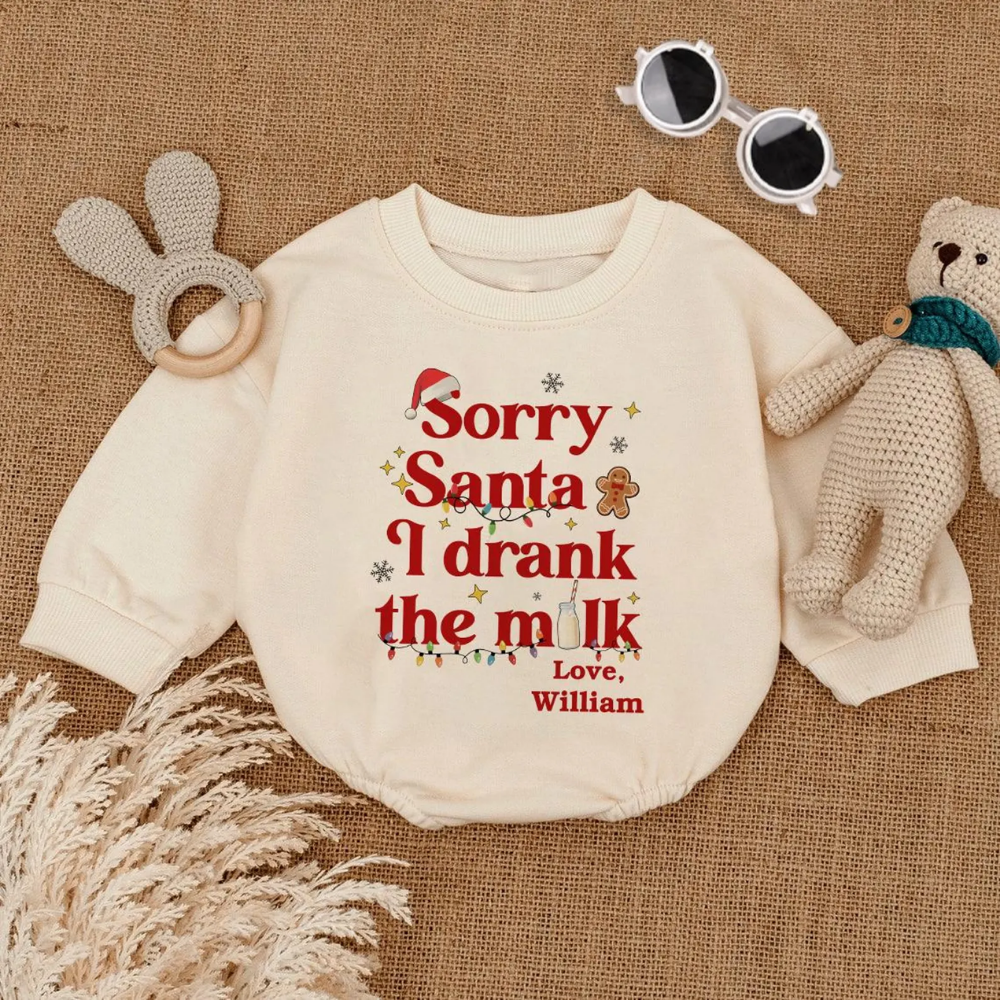 Personalized Sorry Santa I Drank the Milk Baby Romper Sweatshirt, Custom Funny Christmas Baby Romper Sweatshirt BB0143