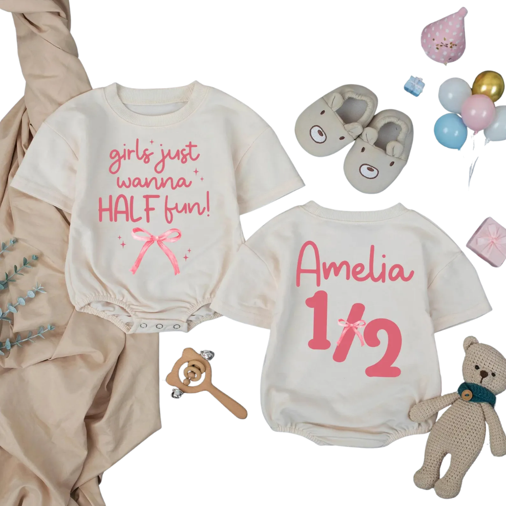 Custom Girls Just Wanna Half Fun Baby Tshirt Romper, Custom 1/2 Birthday Baby Girl Romper BB0291