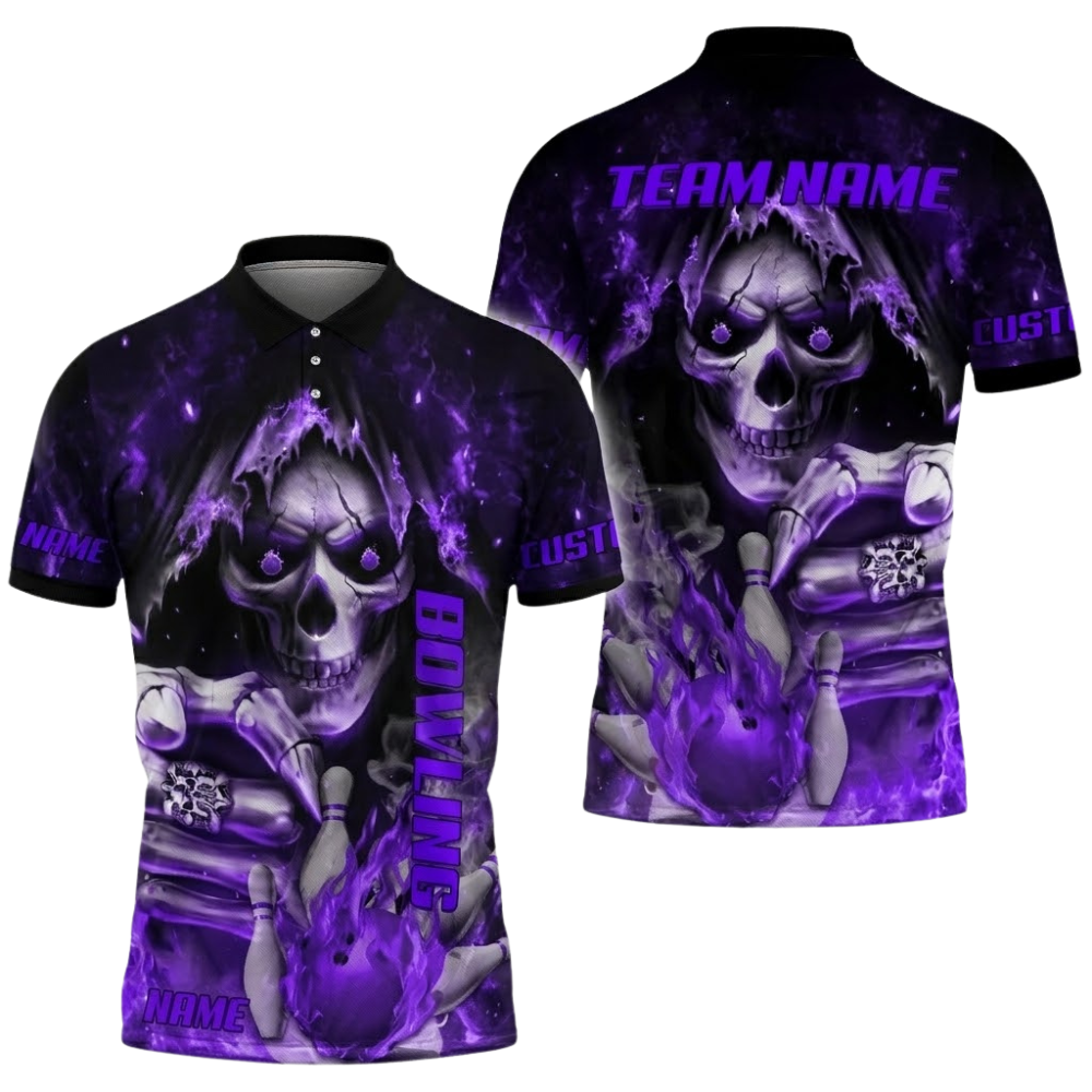Custom Flaming Skull Bowling Polo Shirt Mens, Custom Skeleton Bowling Team Shirt BZ0685