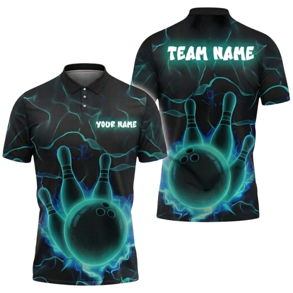 Neon Blue Thunder Custom Bowling Mens Polo Shirt, Custom Team Bowling Shirts BZ0679