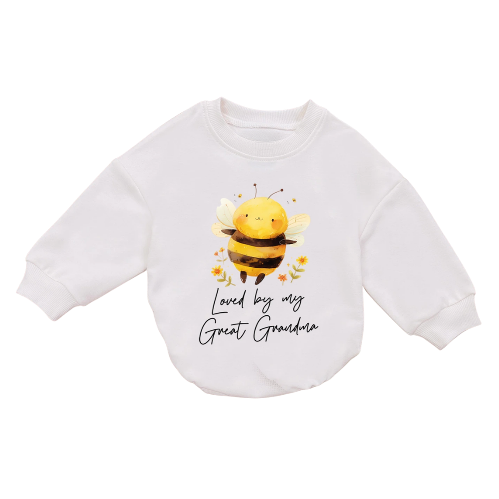 Loved By My Great Grandma Bee Baby Romper Sweatshirt, Custom Grandma Baby Romper Sweater BB0693