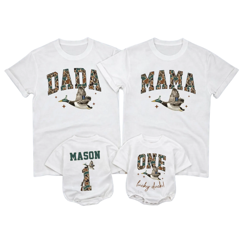 One Happy Duck Custom Mallard Hunting Birthday Family Matching T Shirt, Custom First Birthday Hunting Family Shirts ET1516