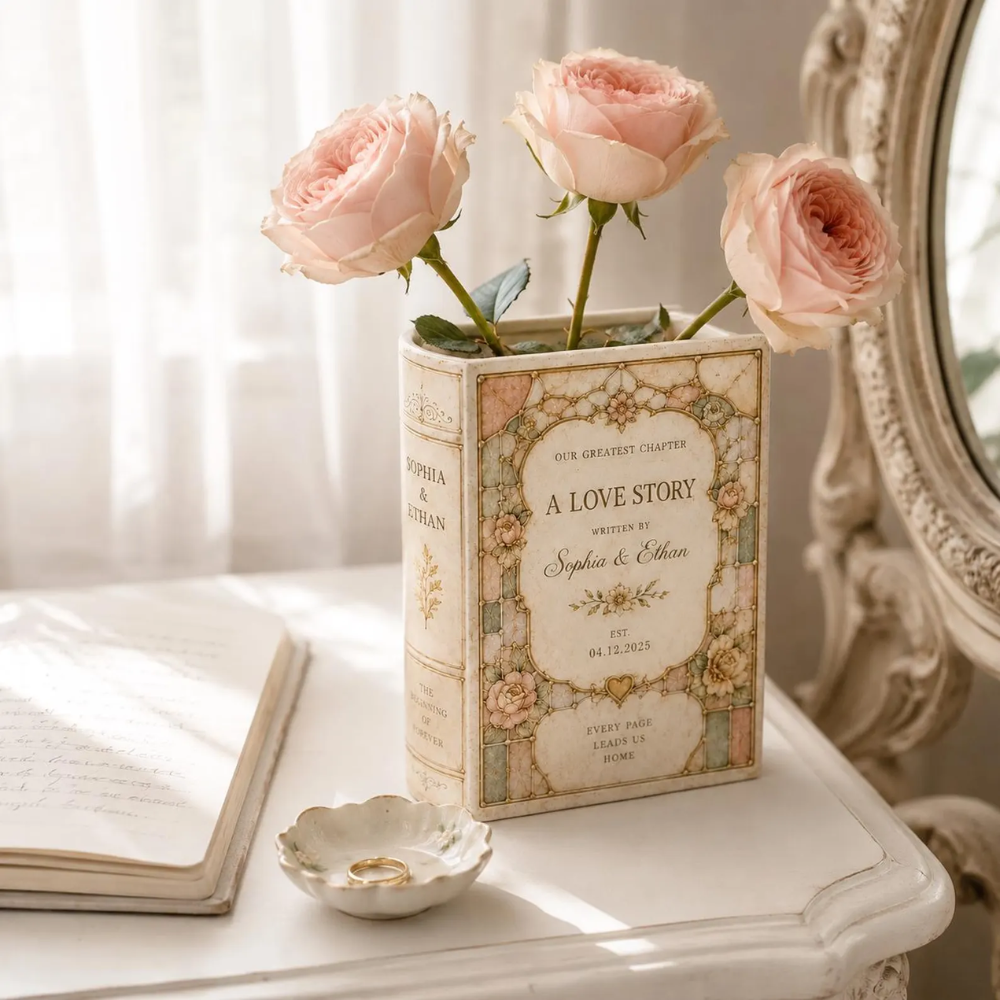 Custom Pink Stained Glass Ceramic Flower Book Vase For Wedding Engagement Anniversary, Custom Stained Glass Wedding Book Vase WD0562