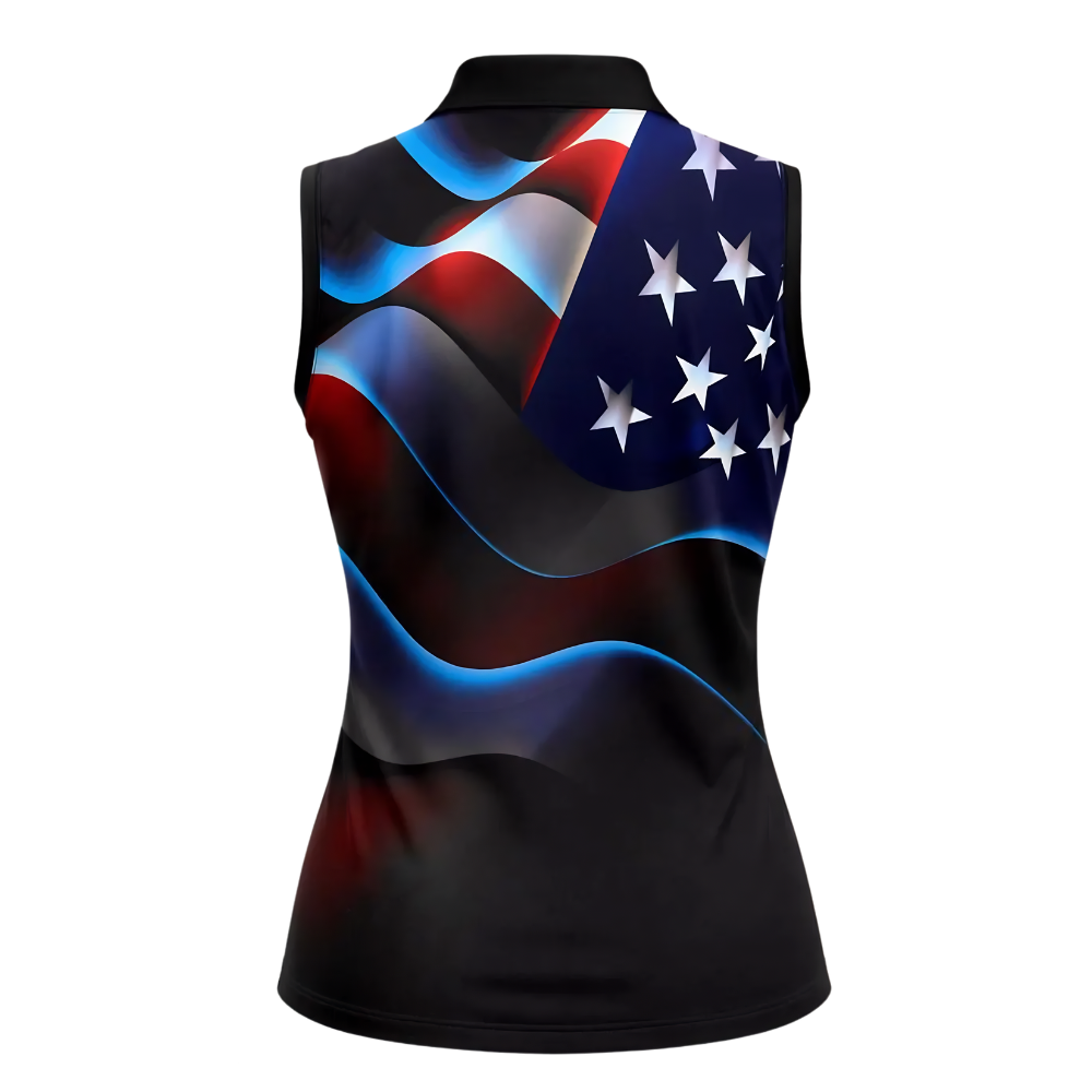 Neon American Flag Women's Sleeveless Golf Shirt, 4th Of July Patriot Golf Shirts For Ladies