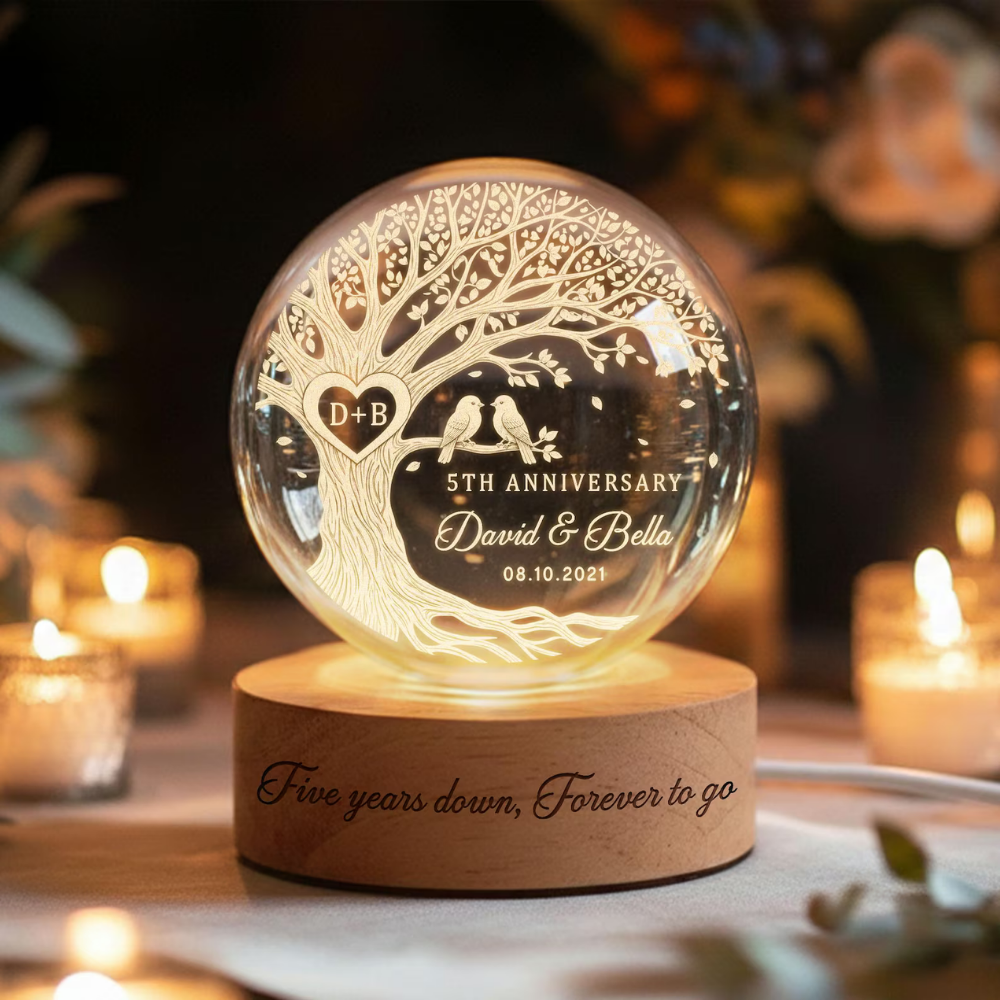 Five Years Down Forever To Go Custom Birds Couple Crystal Ball Led Night Light, Custom 5th Wedding Anniversary Night Light WD0895