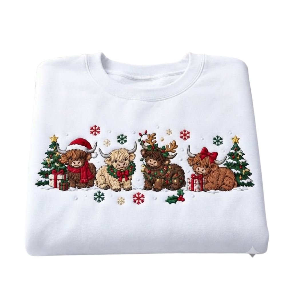 Highland Cow Christmas Embroidered Sweatshirt For Women Men, Cow Lover Christmas Sweatshirt 2D1288