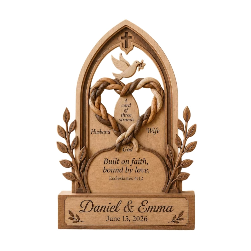 Custom Christian Couple Wooden Plaque Cord of Three Strands, Custom Faith Wedding Keepsake Wooden Block WD0782