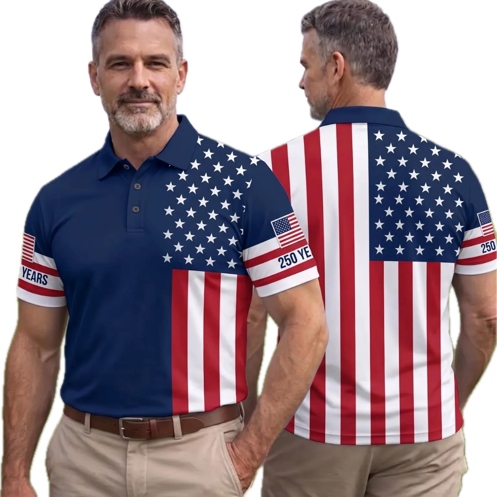 Men's American Flag Navy Golf Polo Shirt, 4th Of July Patriotic Golf Shirts GE0533