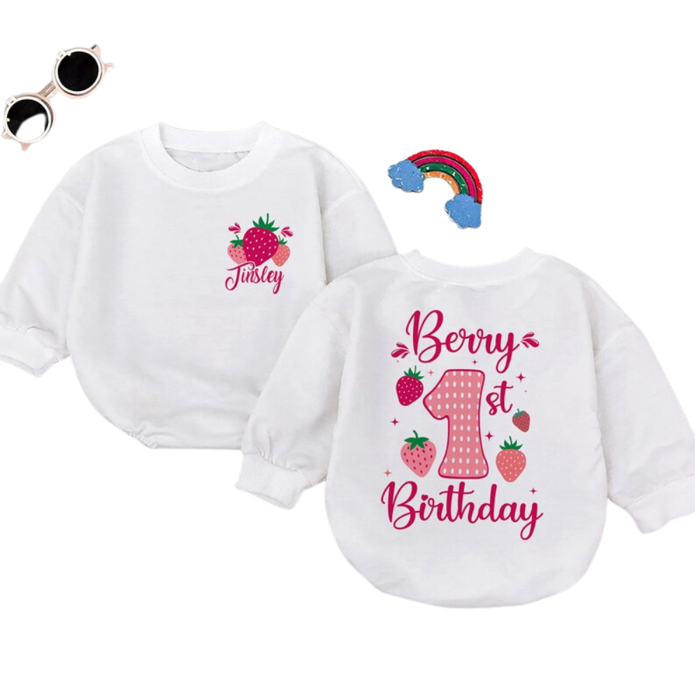 Custom Name Berry 1st Birthday Romper Sweatshirt, Custom First Birthday Baby's Strawberry Romper Sweatshirt BB0227