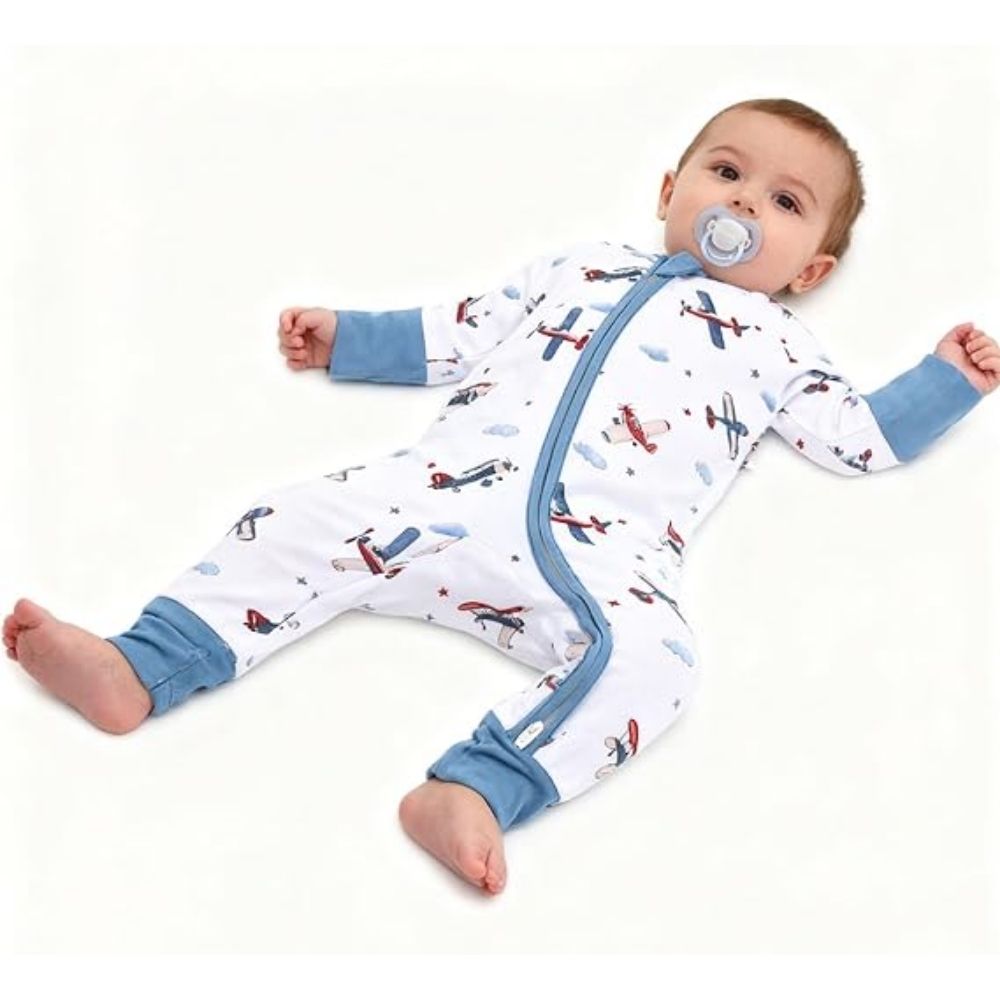 Airplane Baby Convertible Zipper Romper Blue And White, Aircraft Baby Romper Convertible BB0385