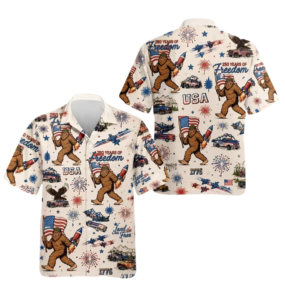Bigfoot 250 Years Of Freedom USA Flag Hawaiian Shirt Mens, Sasquatch Fourth Of July Hawaiian Shirts HE0434