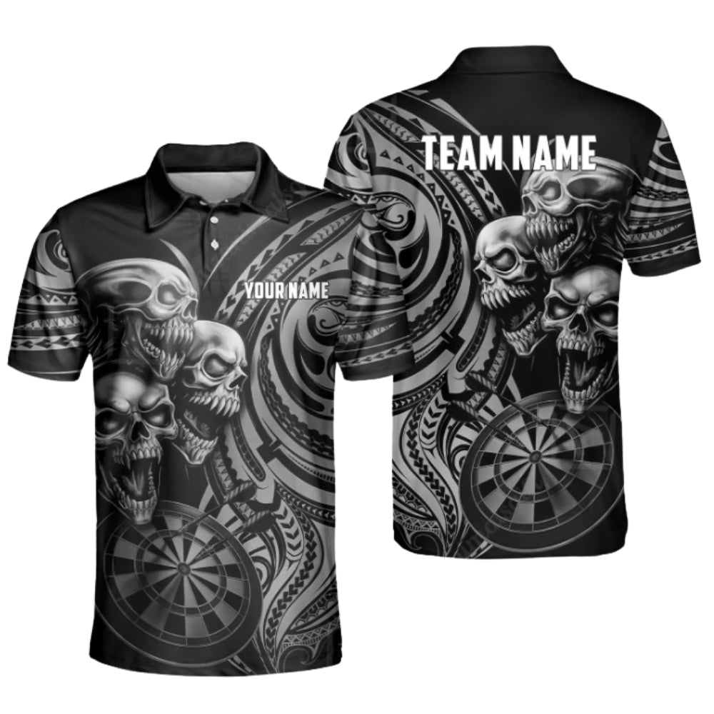 Custom Skull Black Cyan Darts Polo Shirt For Men, Custom Tribal Skull Dart Team Shirt DZ0088