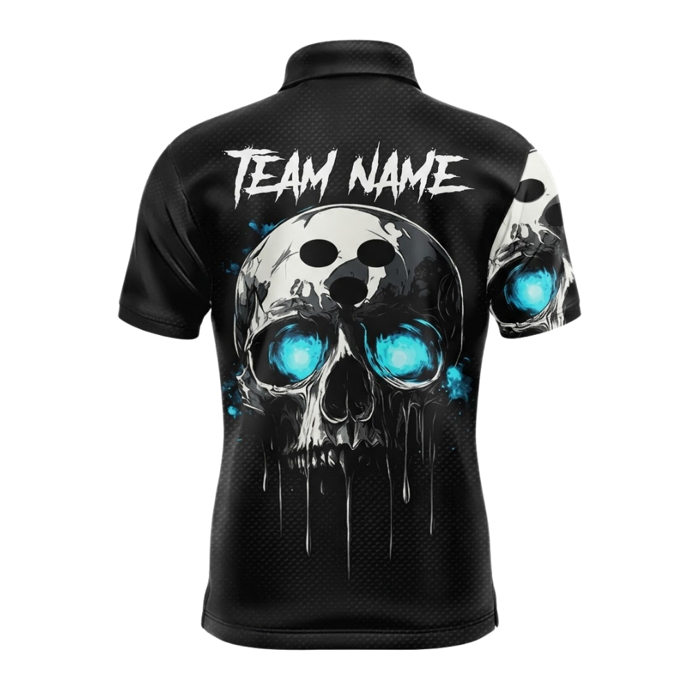 Custom Skull Black Cyan Bowling Polo Shirt Men, Custom Skull Bowling Team Shirt BZ0767