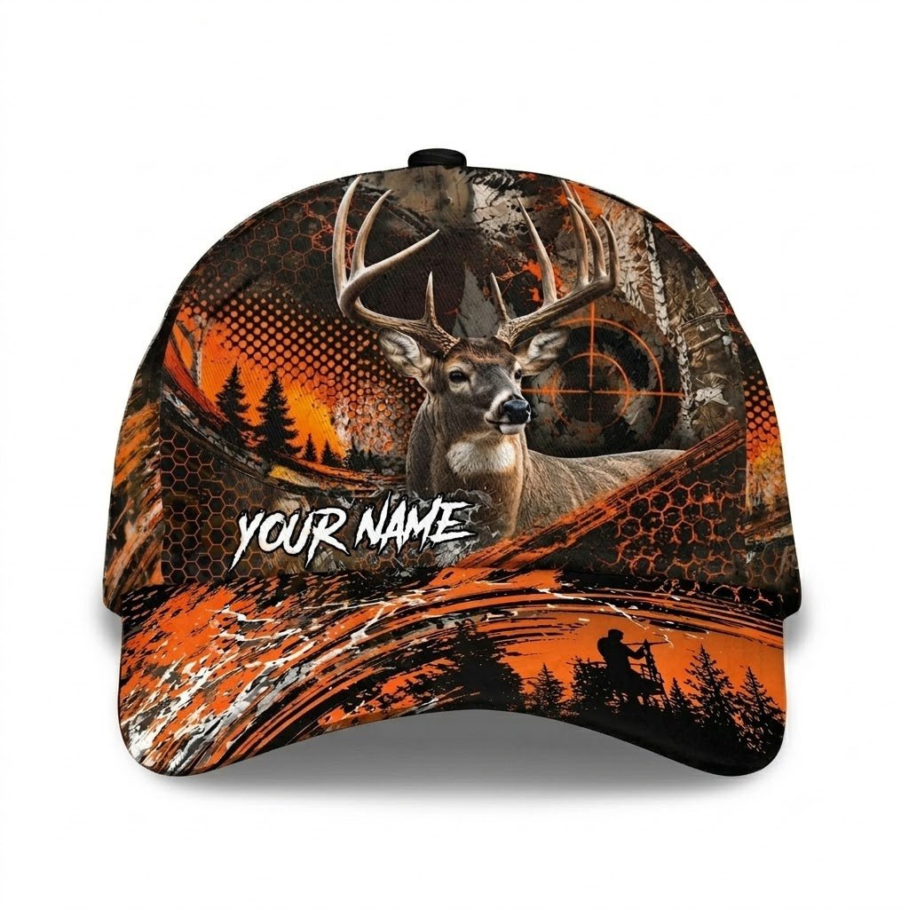 Custom Whitetail Deer Baseball Cap Black And Orange, Custom Deer Hunter Hat CP0736