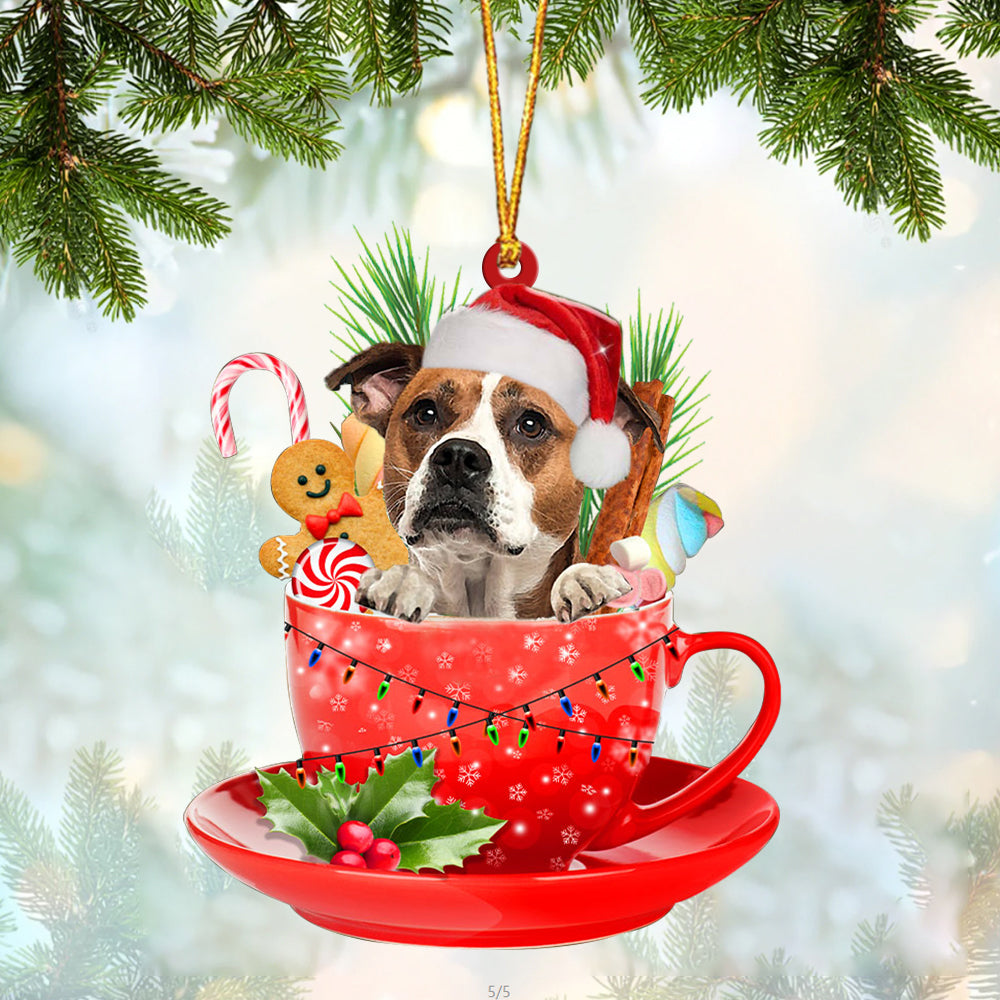 American Bulldog In Cup Merry Christmas Ornament Flat Acrylic Dog Ornament OO1901