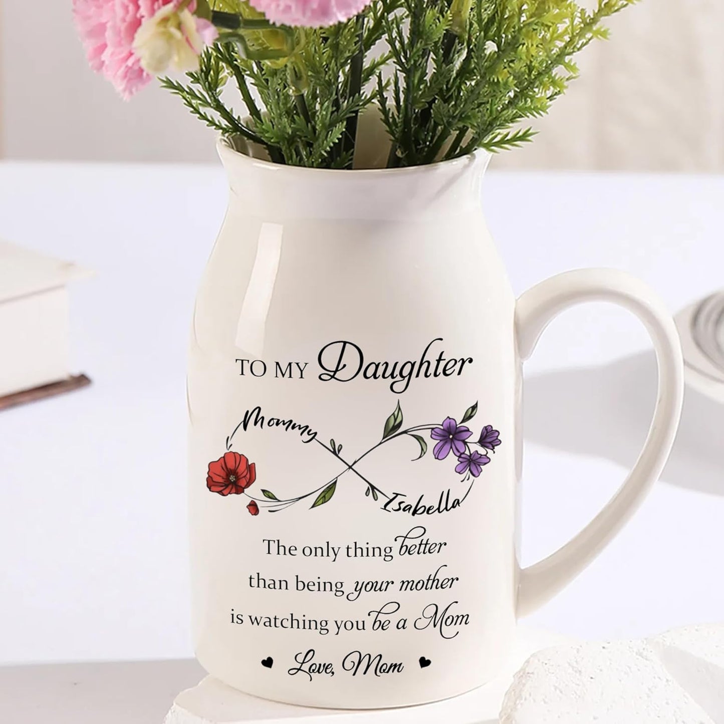 The Only Thing Better Than Being Your Mother Is Watching You Be A Mom Personalized Infinity Birth Flower Vase, Personalized To My Daughter Vase TD0036