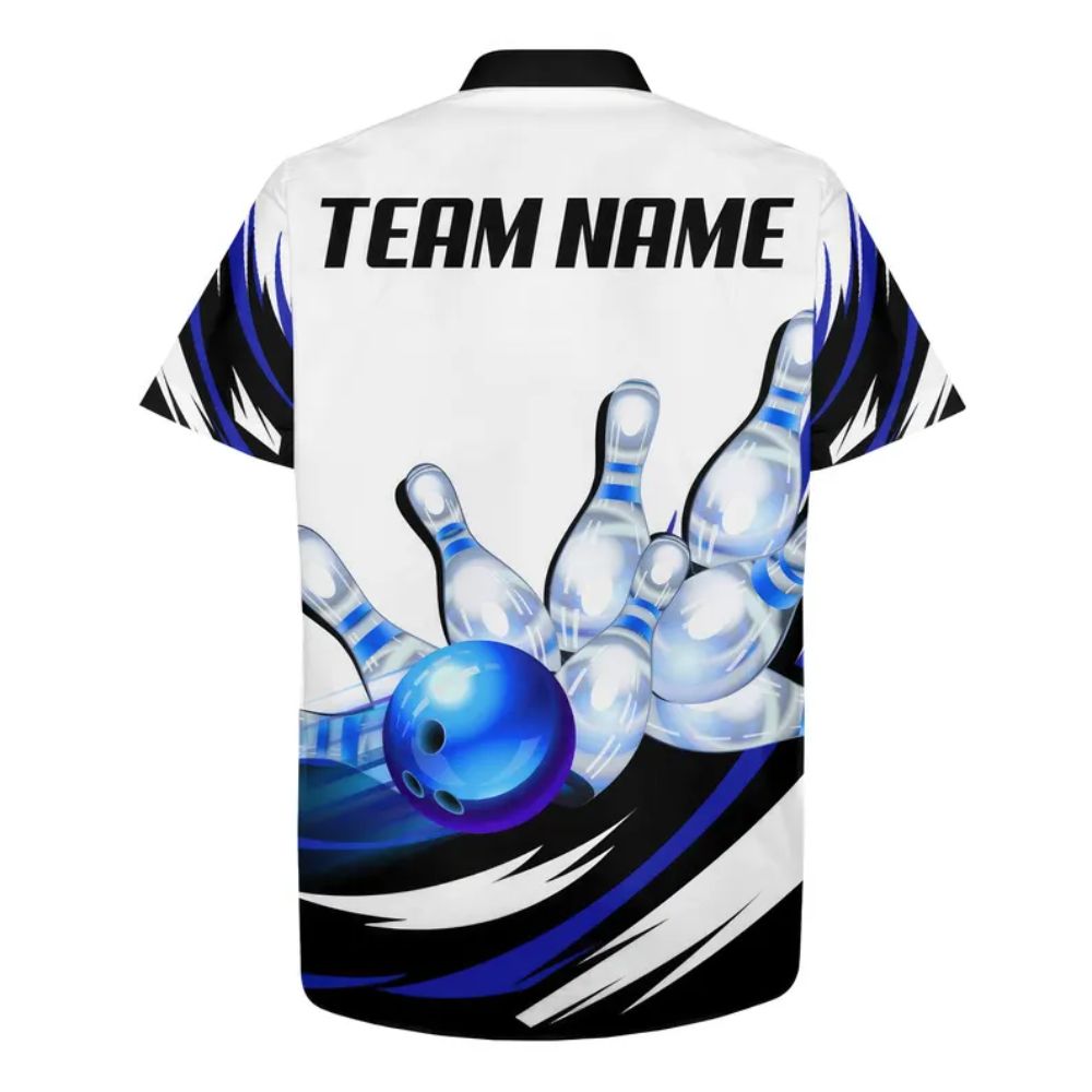 Custom Team Blue And White Bowling Hawaiian Shirts For Men, Custom Bowling Team Shirts BE0079