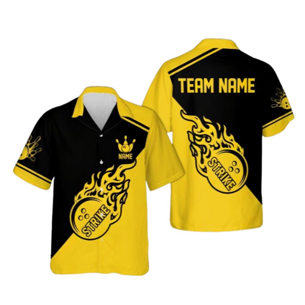 Custom Flame Ball Red And Black Hawaiian Bowling Team Shirts For Men, Custom Flame Bowling Team Shirts BE0086