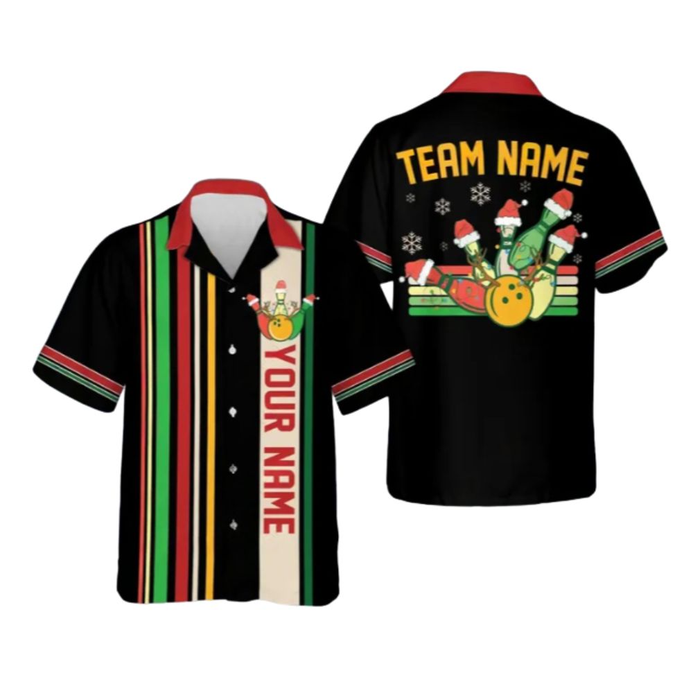 Custom Mens Christmas Retro Bowling Hawaiian Shirts, Custom Christmas Bowling Team Shirts BE0087