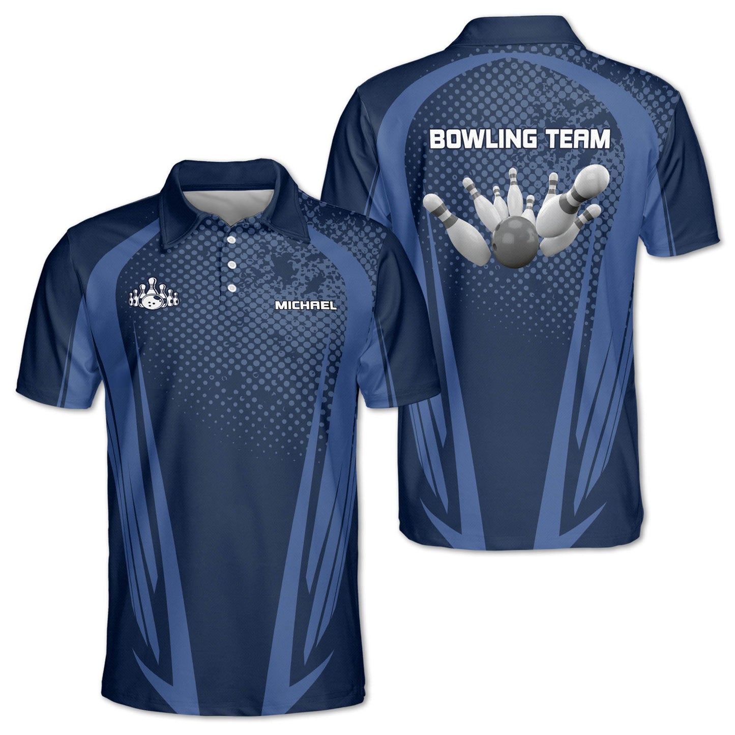 Custom Team Blue And White Bowling Polo Shirts For Men, Custom Bowling Team Shirts BE0093