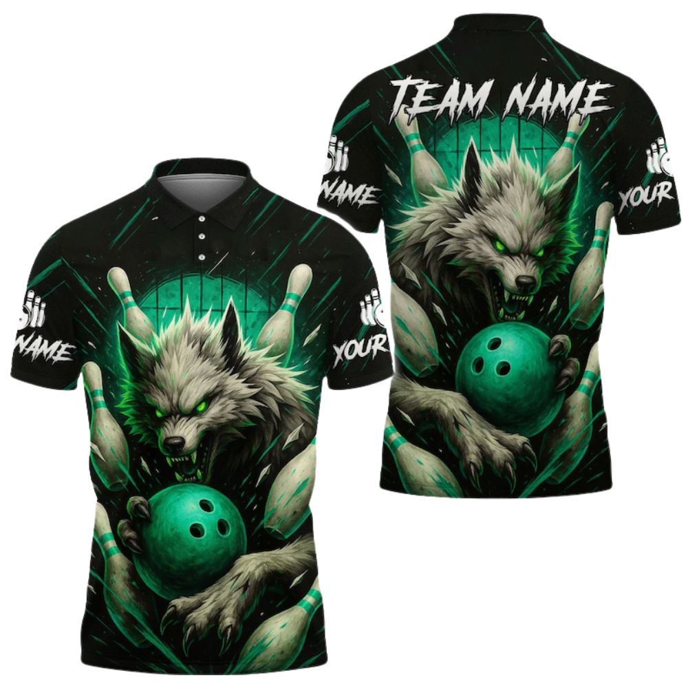 Custom Black Red Wolf Bowling Polo Shirt Mens, Custom Wolf Bowling Team Shirts BE0109
