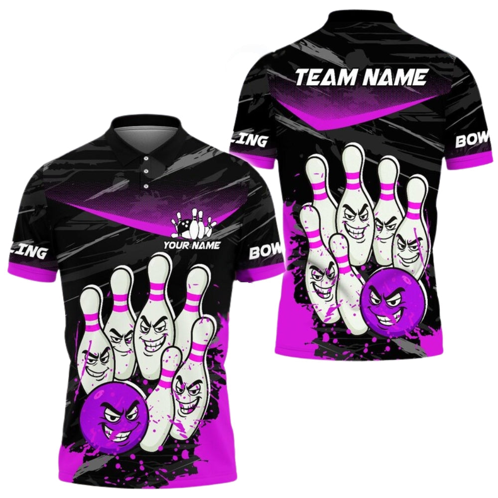 Angry Ball vs Screaming Pins Custom Blue Bowling Polo Shirt Mens, Custom Funny Bowling Team Shirts BE0114